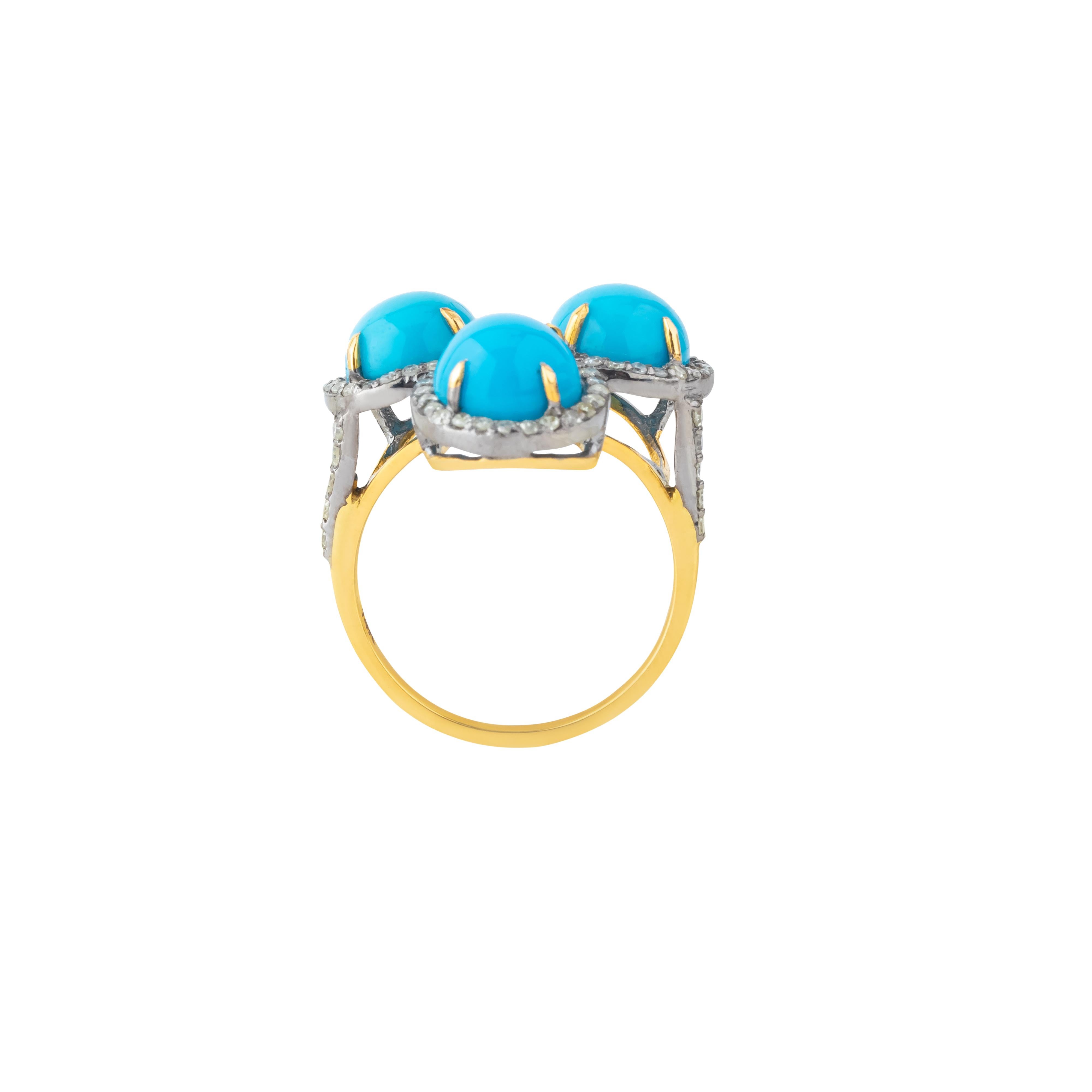7.1 Carat Diamond and Turquoise Three Stone Ring In New Condition For Sale In Jaipur, IN