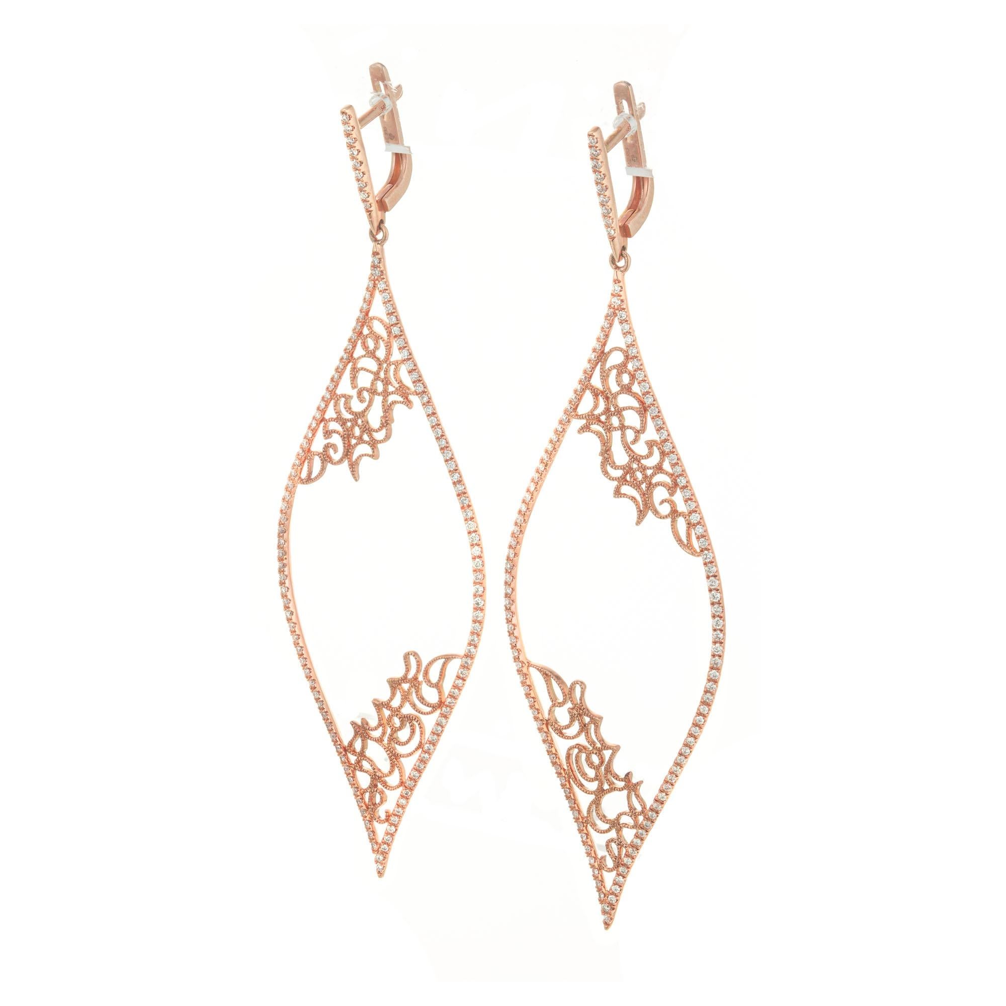 Micro Pave set diamond dangle chandelier earrings in 14k rose gold. 238 round single cut diamonds set in 14k rose gold settings. Signed GB 14k 585. Post and hinge tops. On Peter's now famous pink gold scale of 1 to 10 with 10 as the deepest pink