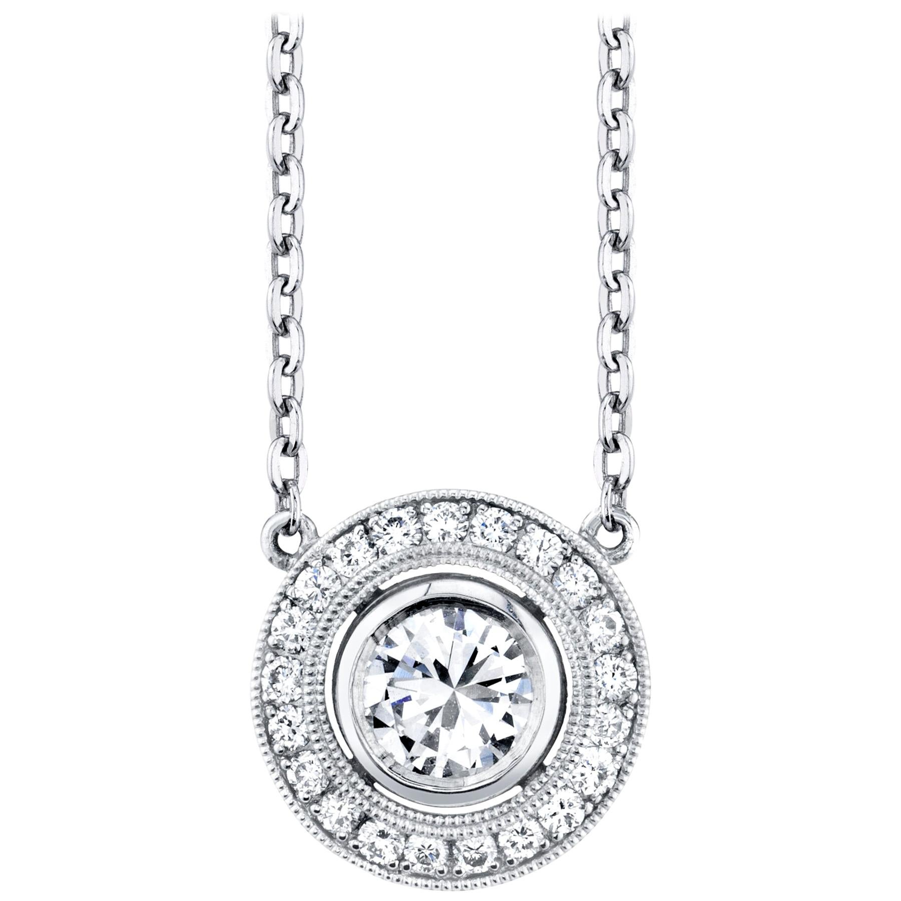 .71 Carat Total Diamond and Diamond Halo Necklace in Platinum, 17 Inches For Sale