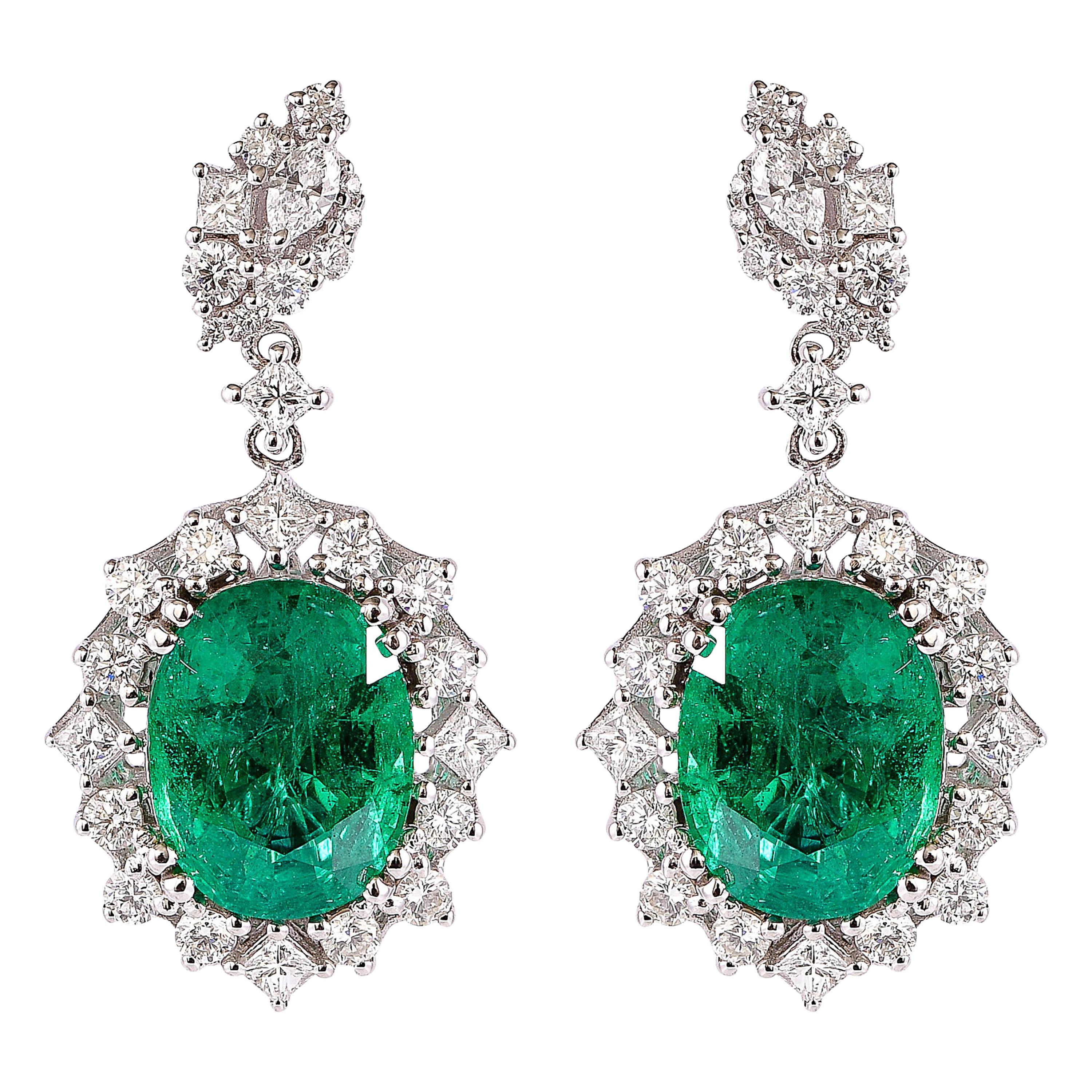 GRS Certified 7.1 Carat Emerald and Diamond Earrings in 18 Karat White Gold For Sale