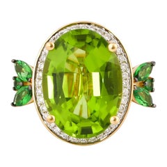 7.1 Carat Peridot with Tsavorite and Diamond Ring in 18 Karat Yellow Gold