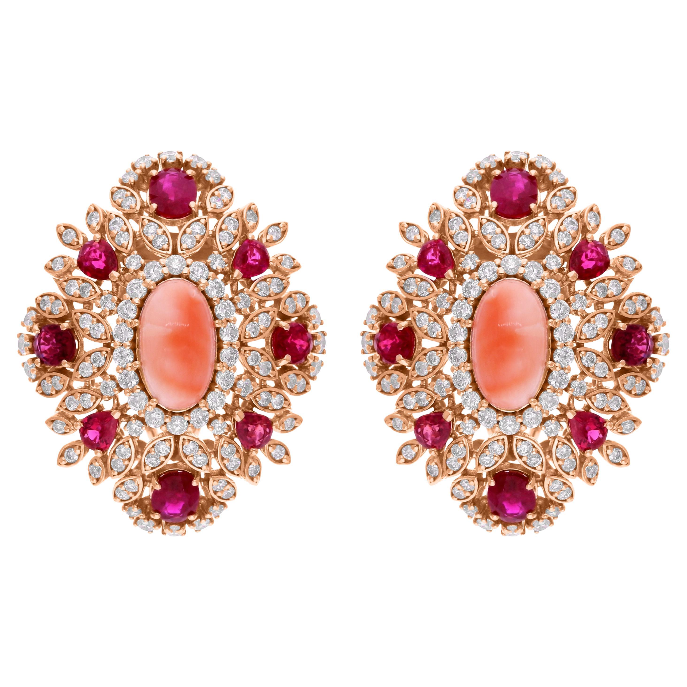 Orecchini in oro rosa da 7,1 carati di rubino e corallo 2,1 carati di diamante SI/H 14 carati in vendita