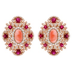 Pendientes de oro rosa de 14 quilates con gema de coral rubí de 7,1 quilates y diamante SI/H de 2,1 quilates