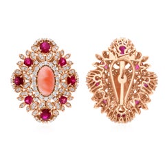7.1 Carat Ruby Coral Gemstone 2.10 Carat SI/H Diamond 18 Karat Rose Gold Jewelry