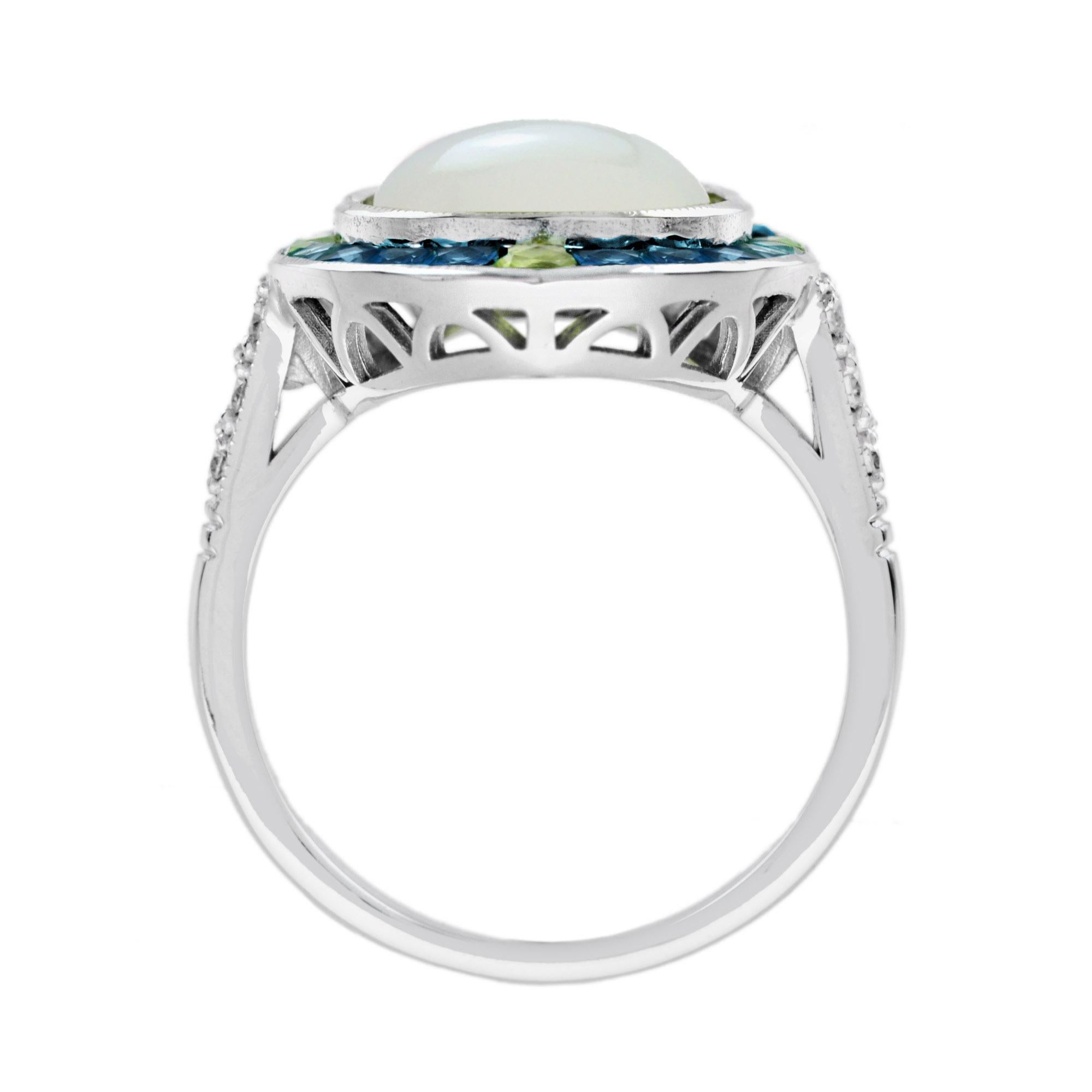 For Sale:  7.1 Ct. Moonstone Diamond Blue Topaz Peridot Cocktail Ring in 14K White Gold 6