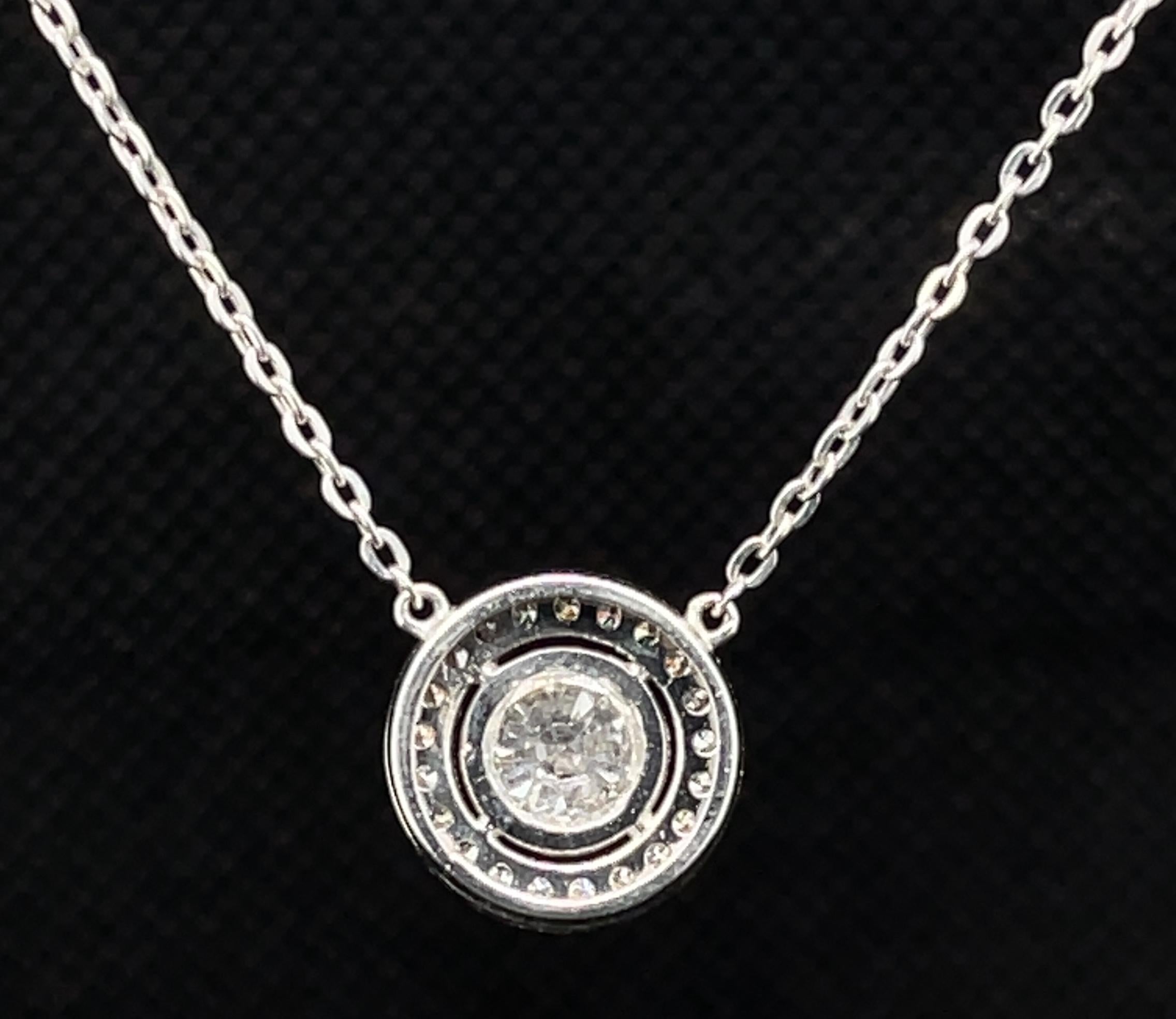 Artisan .71 Carat Total Diamond and Diamond Halo Necklace in Platinum, 17 Inches For Sale