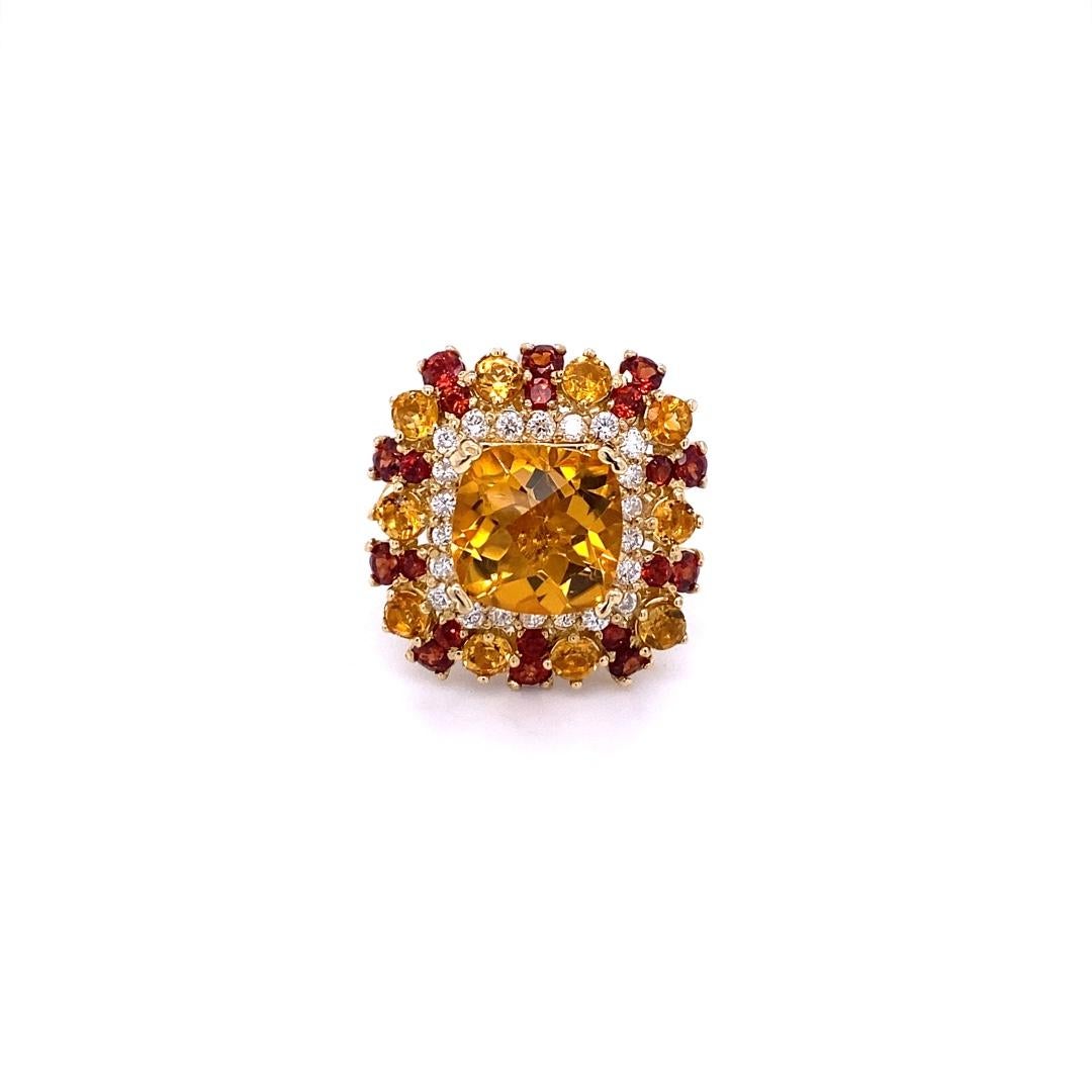 7.10 Carat Cushion Cut Citrine Diamond 14 Karat Yellow Gold Cocktail Ring In New Condition In Los Angeles, CA