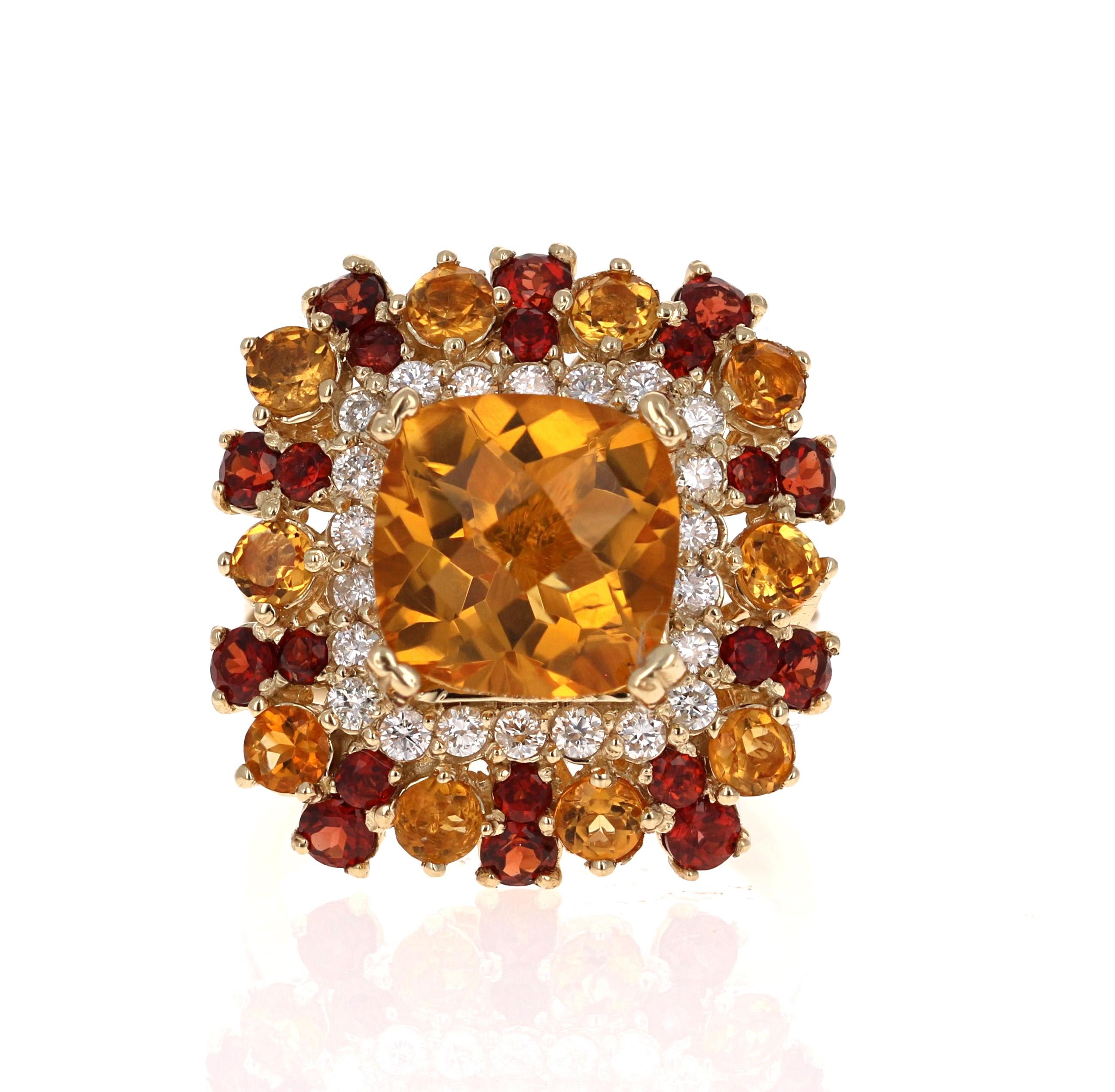 Women's 7.10 Carat Cushion Cut Citrine Diamond 14 Karat Yellow Gold Cocktail Ring