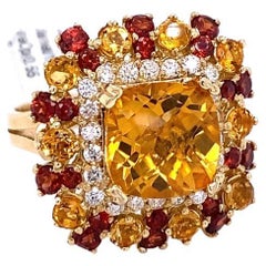 7.10 Carat Cushion Cut Citrine Diamond 14 Karat Yellow Gold Cocktail Ring