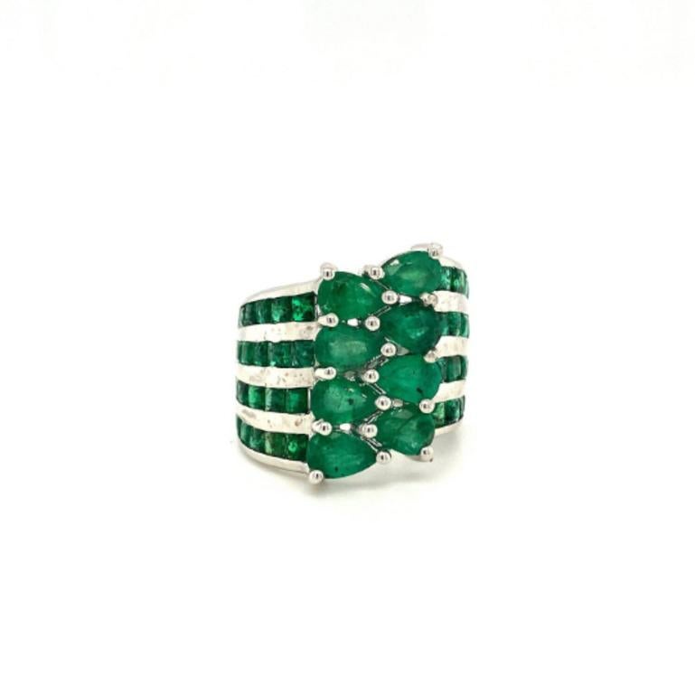 Mixed Cut 7.10 Carat Emerald Wide Band Wedding Ring in Sterling Silver for Women For Sale