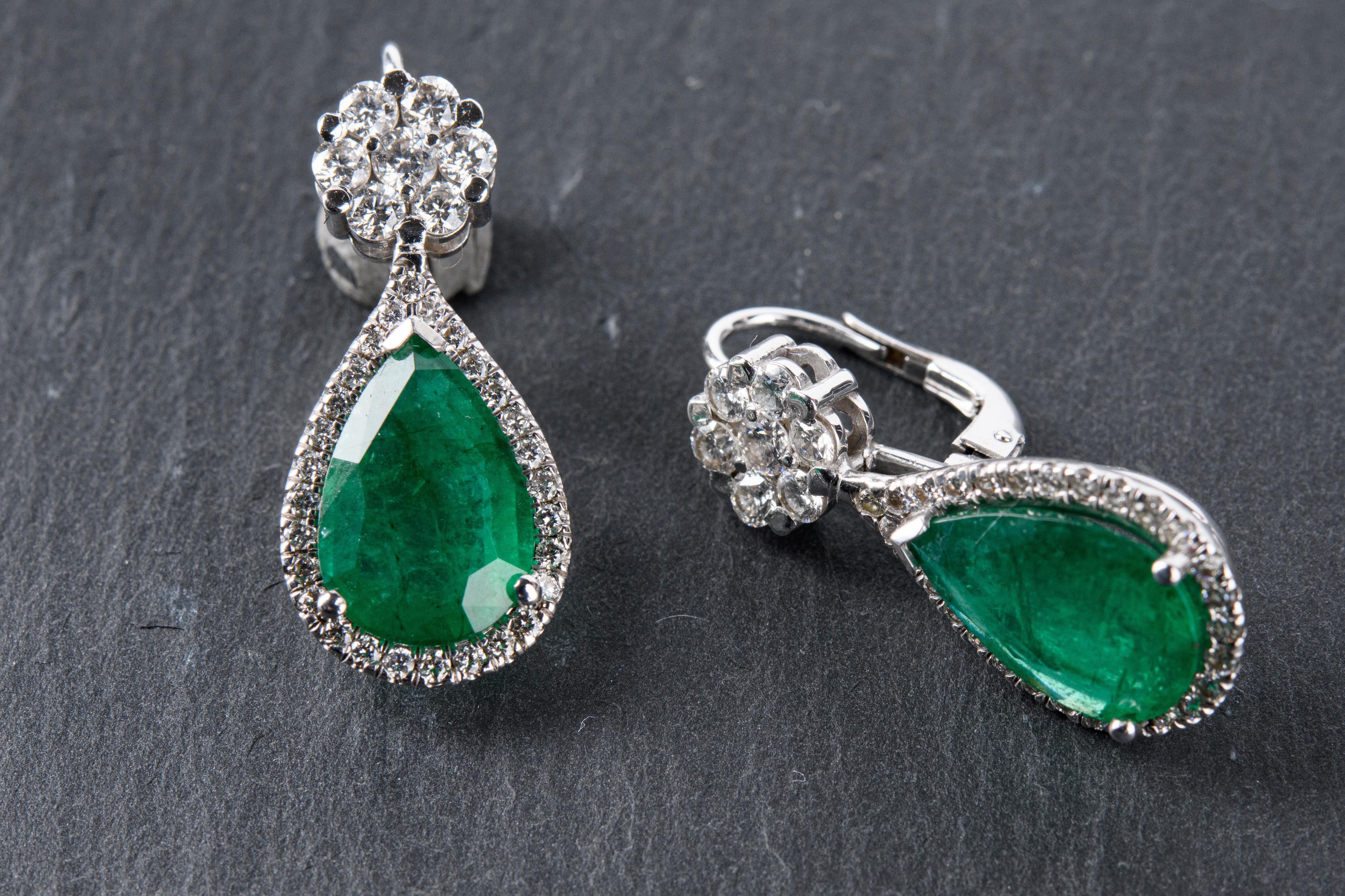 Pear Cut 7.10 Carat Natural Emerald Diamond Dangle Flower Earrings 18 Carat White Gold