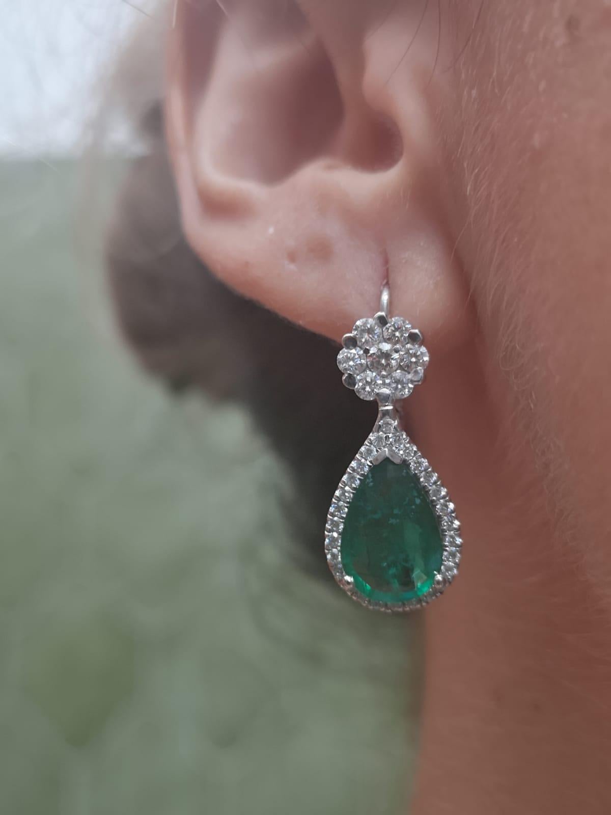 7.10 Carat Natural Emerald Diamond Dangle Flower Earrings 18 Carat White Gold 2