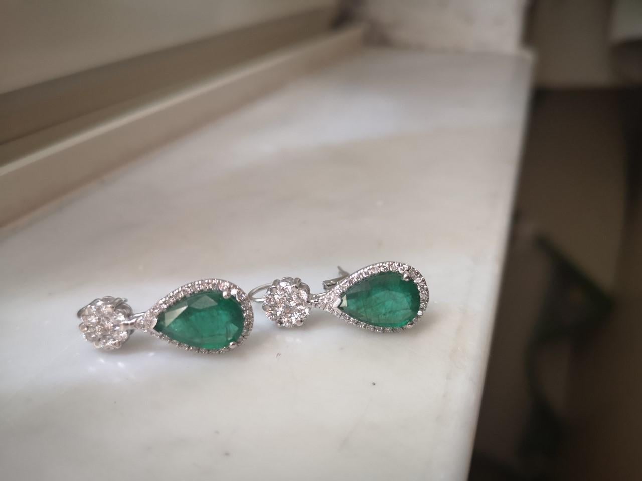 7.10 Carat Natural Emerald Diamond Dangle Flower Earrings 18 Carat White Gold 3