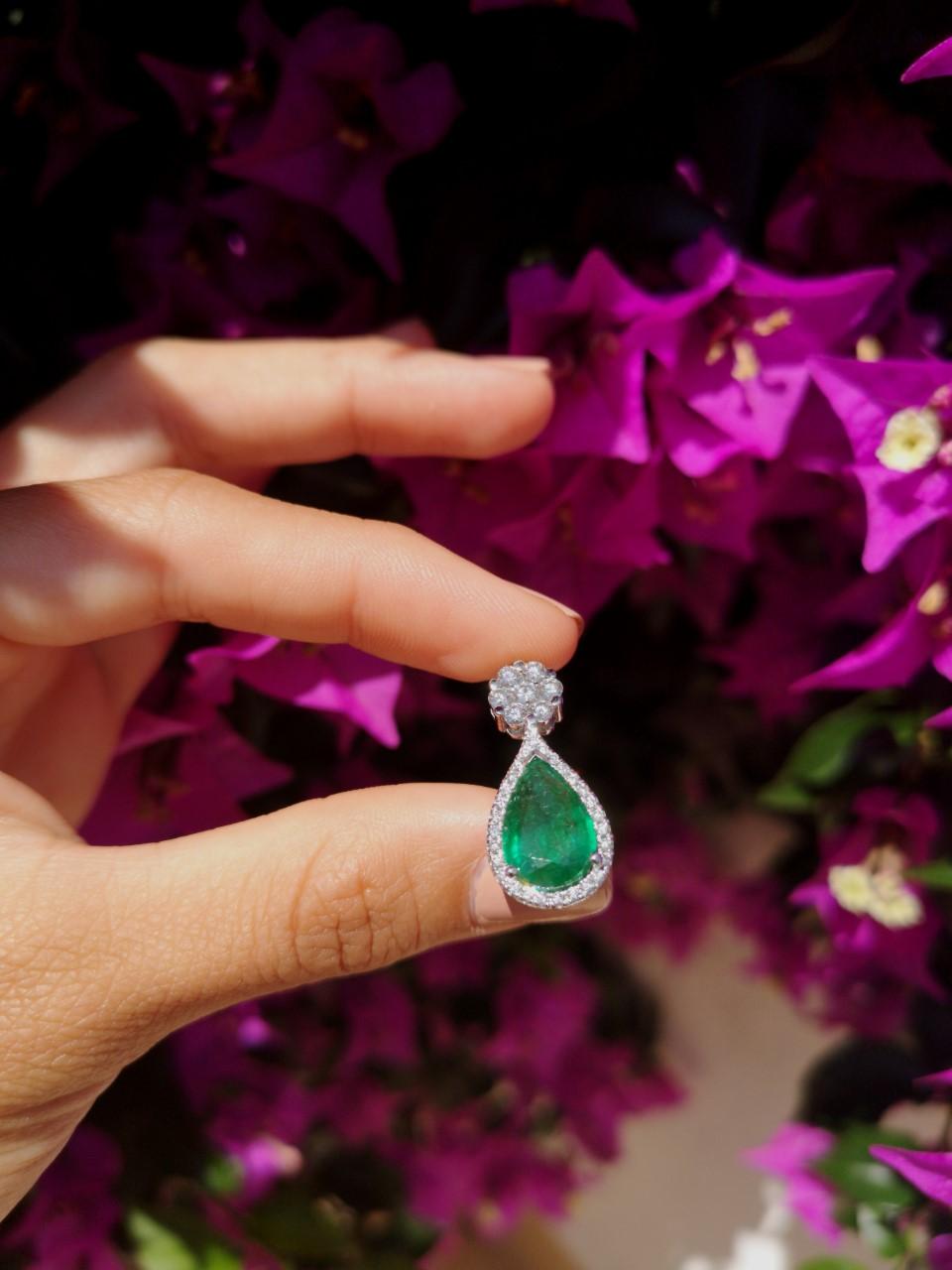7.10 Carat Natural Emerald Diamond Dangle Flower Earrings 18 Carat White Gold 4