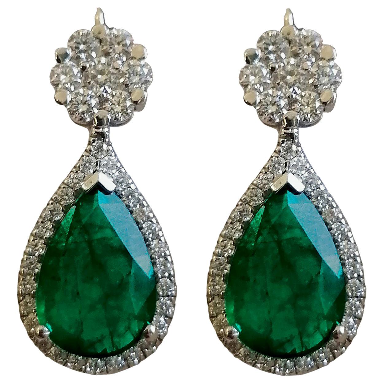 7.10 Carat Natural Emerald Diamond Dangle Flower Earrings 18 Carat White Gold