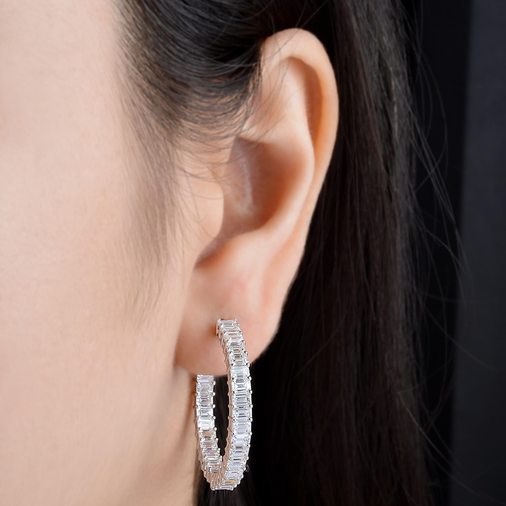 Women's 7.10 Carat SI/HI Emerald Cut Diamond Hoop Earrings 14 Karat White Gold Jewelry For Sale