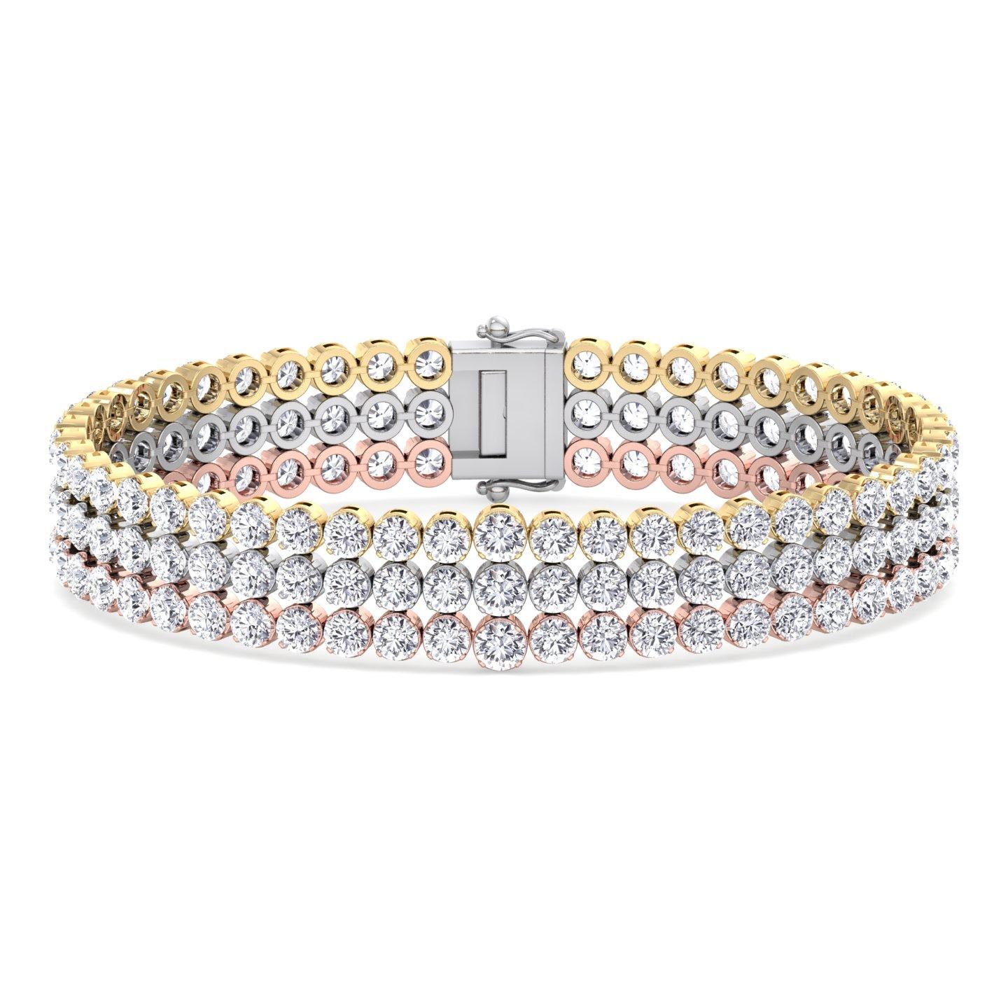 Round Cut 7.10 Carat T.W. Triple Row Graduated Diamond Tennis Bracelet '14KTri Color' For Sale
