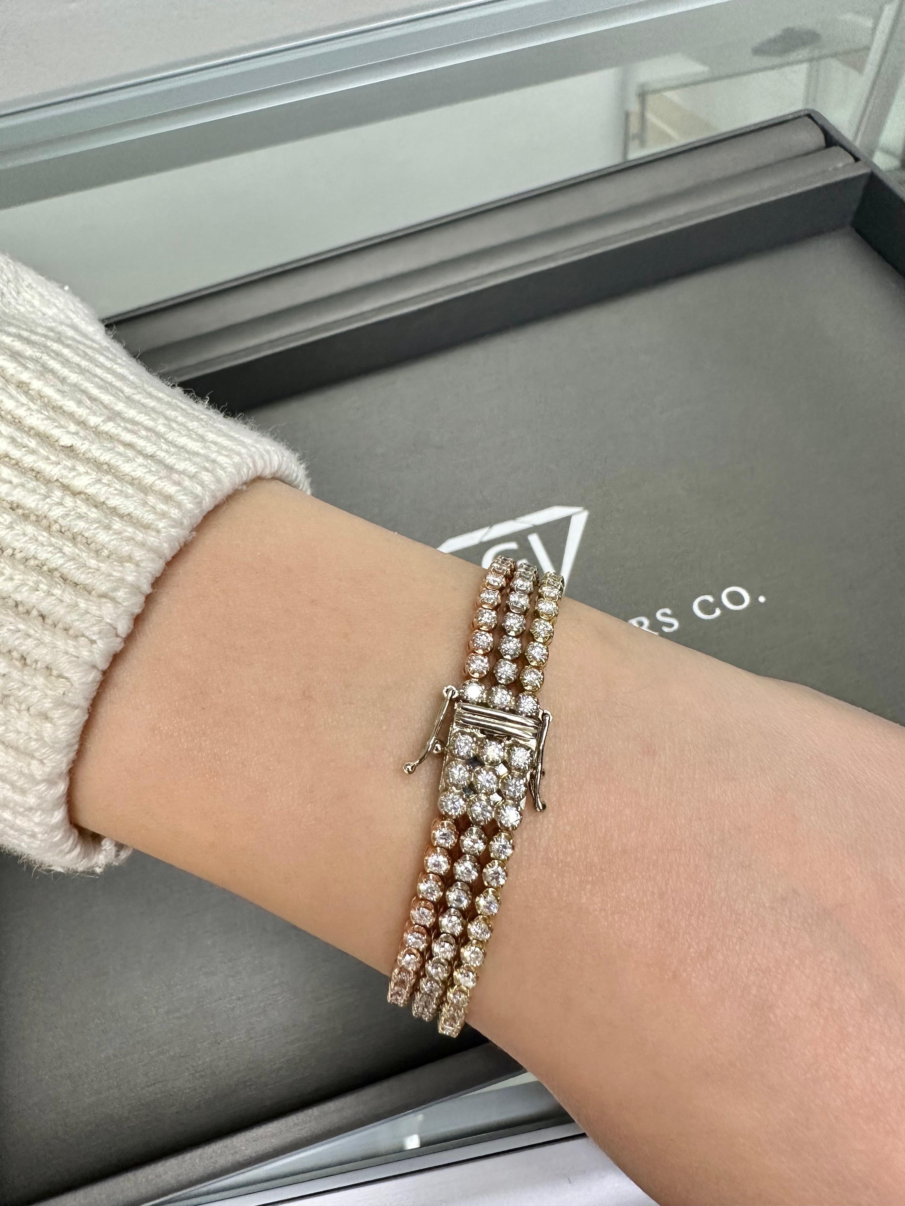 Round Cut 7.10 Carat T.W. Triple Row Graduated Diamond Tennis Bracelet '14KTri Color' For Sale