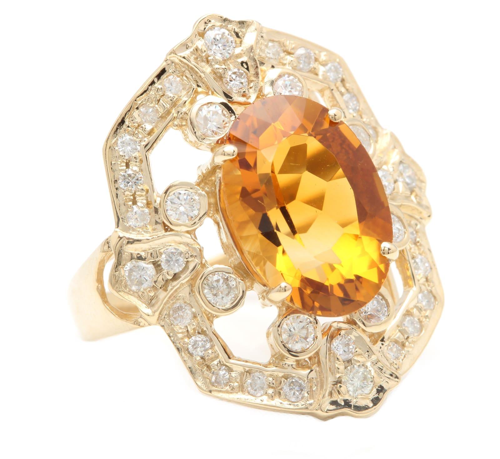7.10 Carats Exquisite Natural Citrine and Diamond 14K Solid Yellow Gold Ring

Suggested Replacement Value: 5,500.00

Total Natural Citrine Weight is: Approx. 6.00 Carats 

Citrine Measures: Approx. 14.00 x 10.00mm

Natural Round Diamonds Weight: