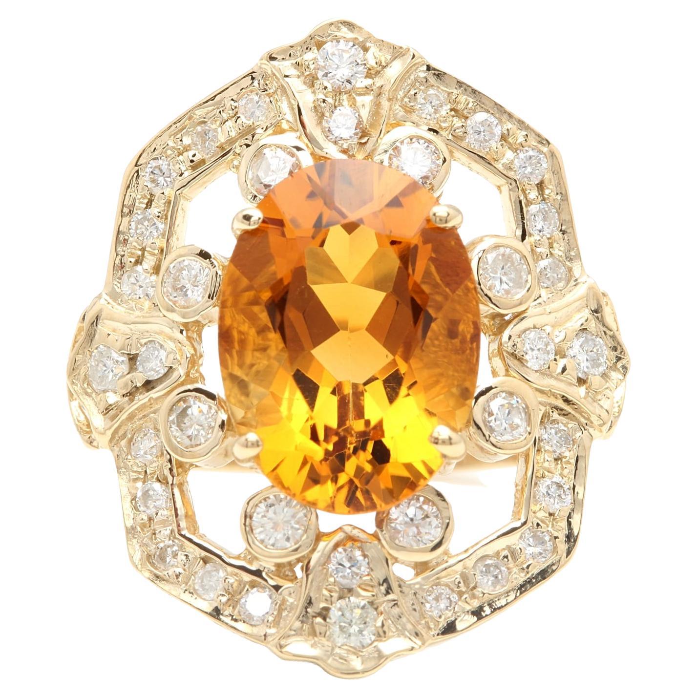 7.10 Carats Exquisite Natural Citrine and Diamond 14K Solid Yellow Gold Ring