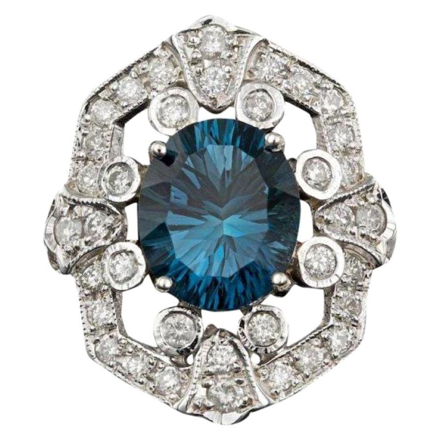 Bague en or blanc massif 14 carats avec topaze bleue naturelle de 7,10 carats et diamants