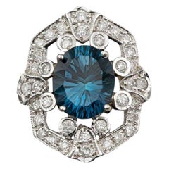 7.10 Carats Natural Blue Topaz and Diamond 14k Solid White Gold Ring