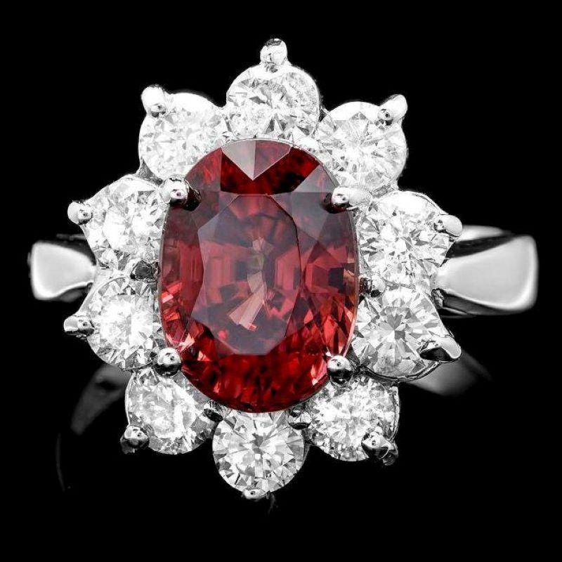 Mixed Cut 7.10 Carats Natural Red Zircon and Diamond 14K Solid White Gold Ring For Sale