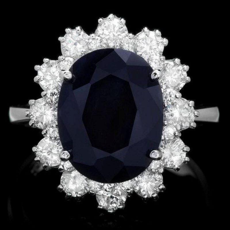 Mixed Cut 7.10 Carats Natural Sapphire and Diamond 14k Solid White Gold Ring For Sale