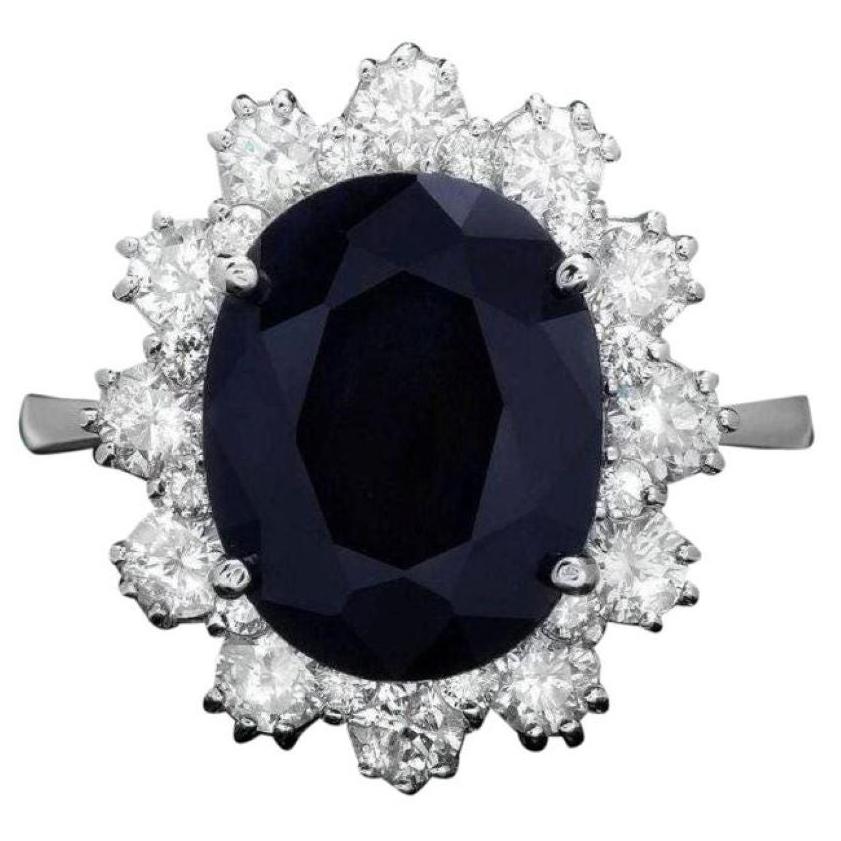 7.10 Carats Natural Sapphire and Diamond 14k Solid White Gold Ring For Sale