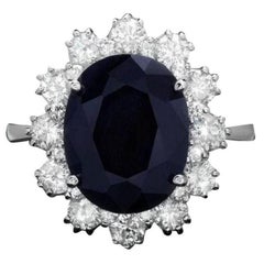 7.10 Carats Natural Sapphire and Diamond 14k Solid White Gold Ring