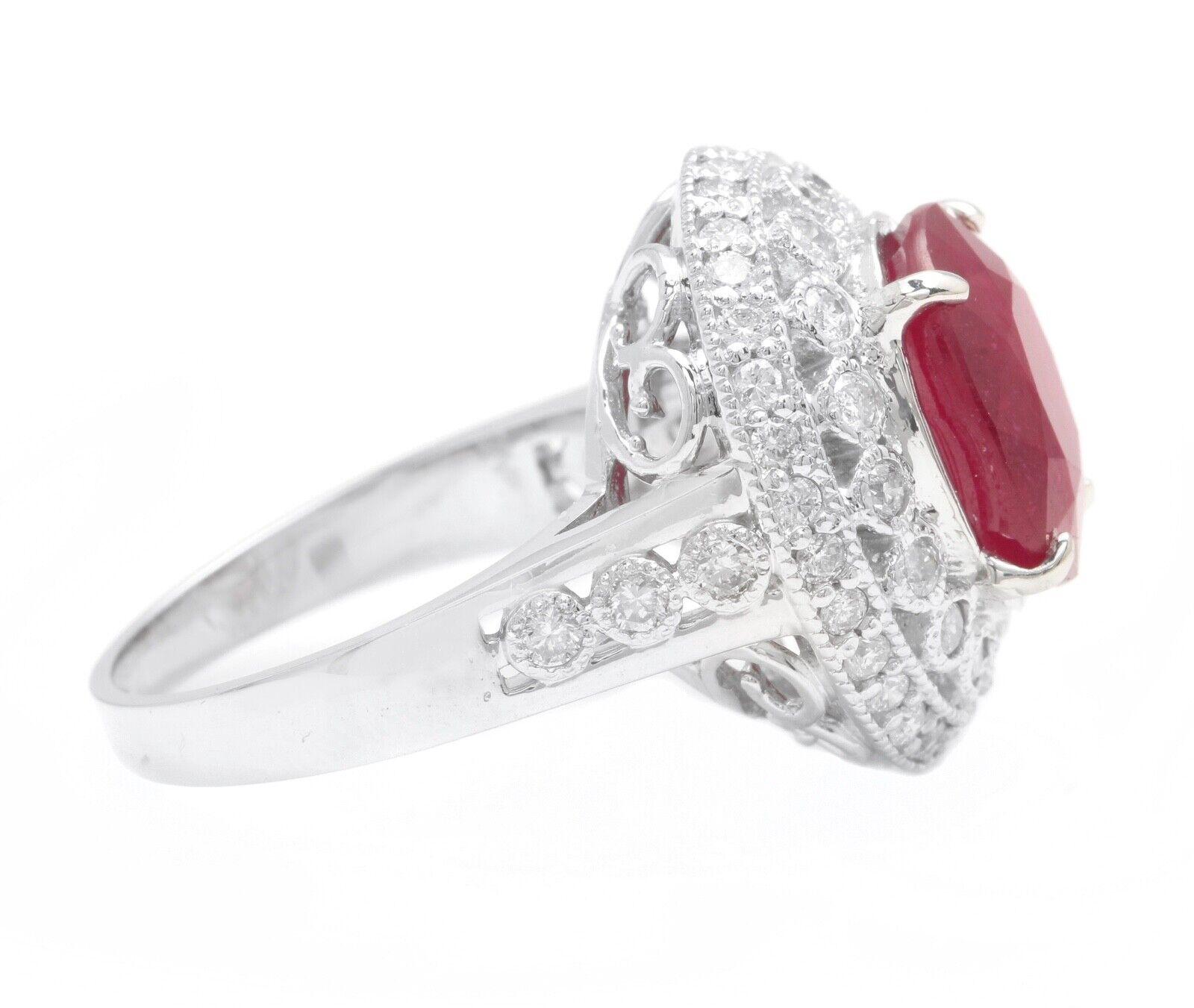 Mixed Cut 7.10 Carats Red Ruby and Diamond 14K Solid White Gold Ring For Sale