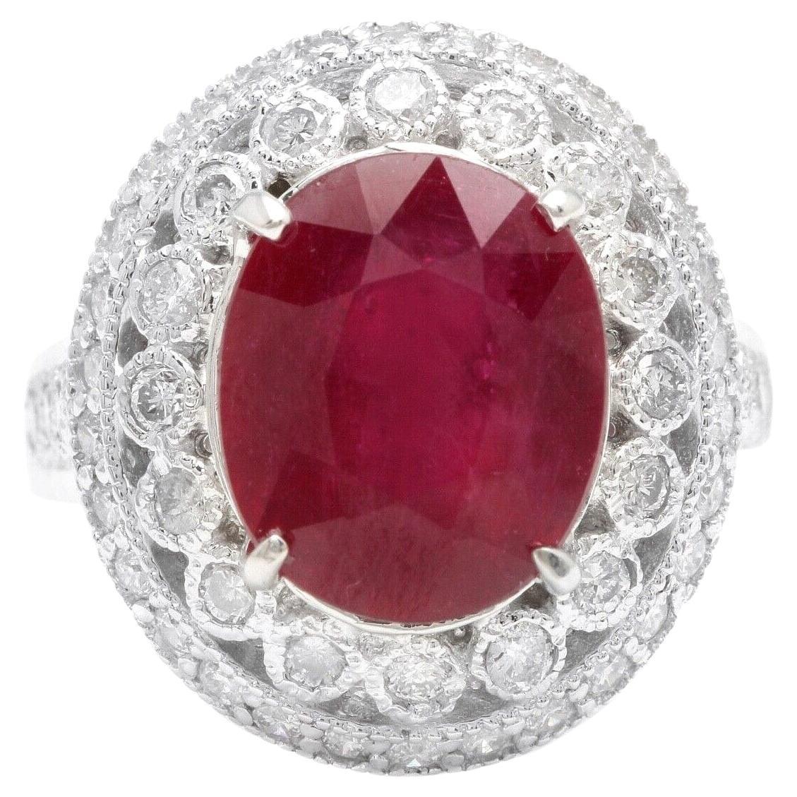 7.10 Carats Red Ruby and Diamond 14K Solid White Gold Ring