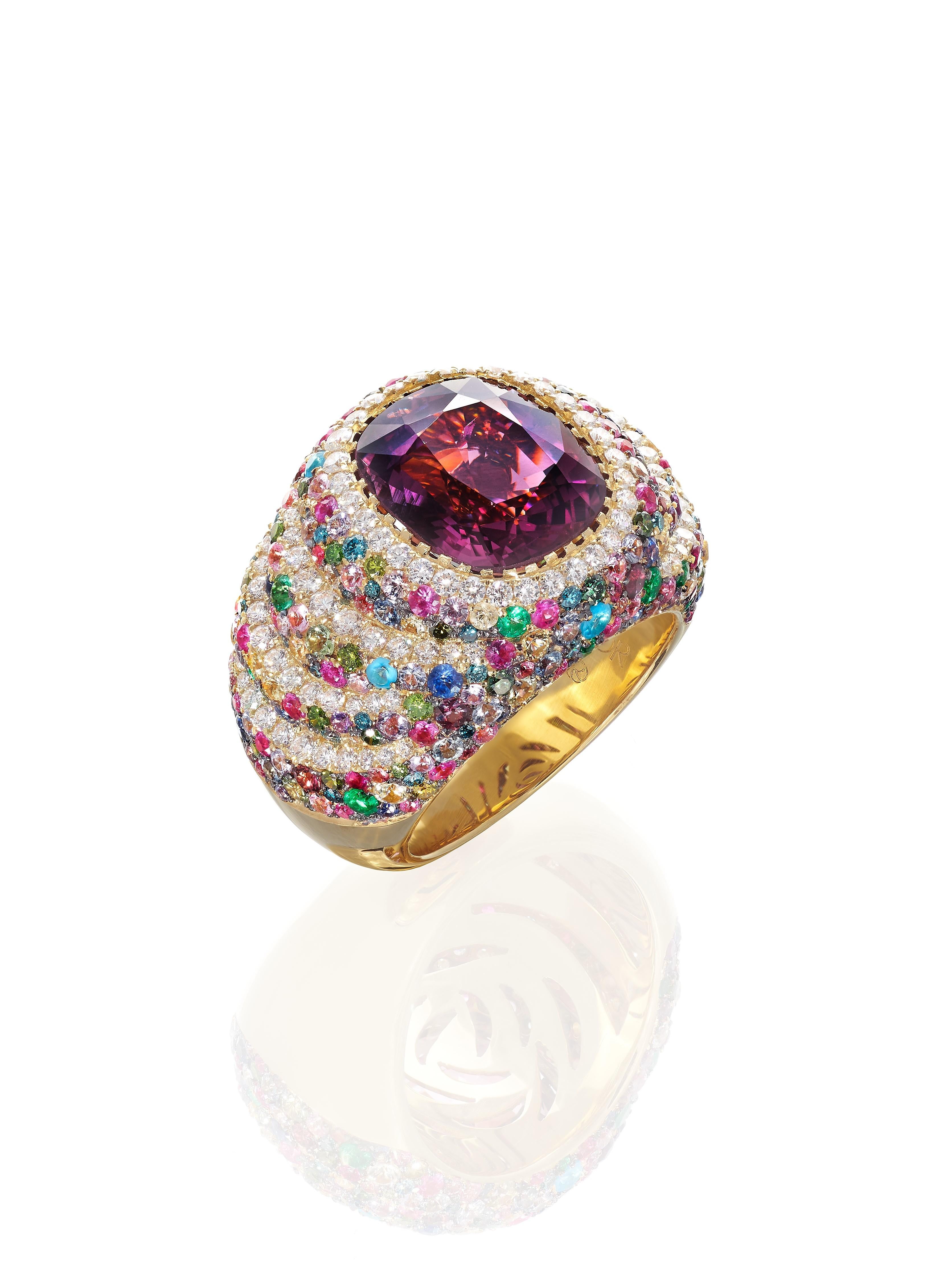 Cushion Cut 7.10 Ct Certified Spinel, Diamond, Emerald, Sapphire and Ruby Cocktail Ring