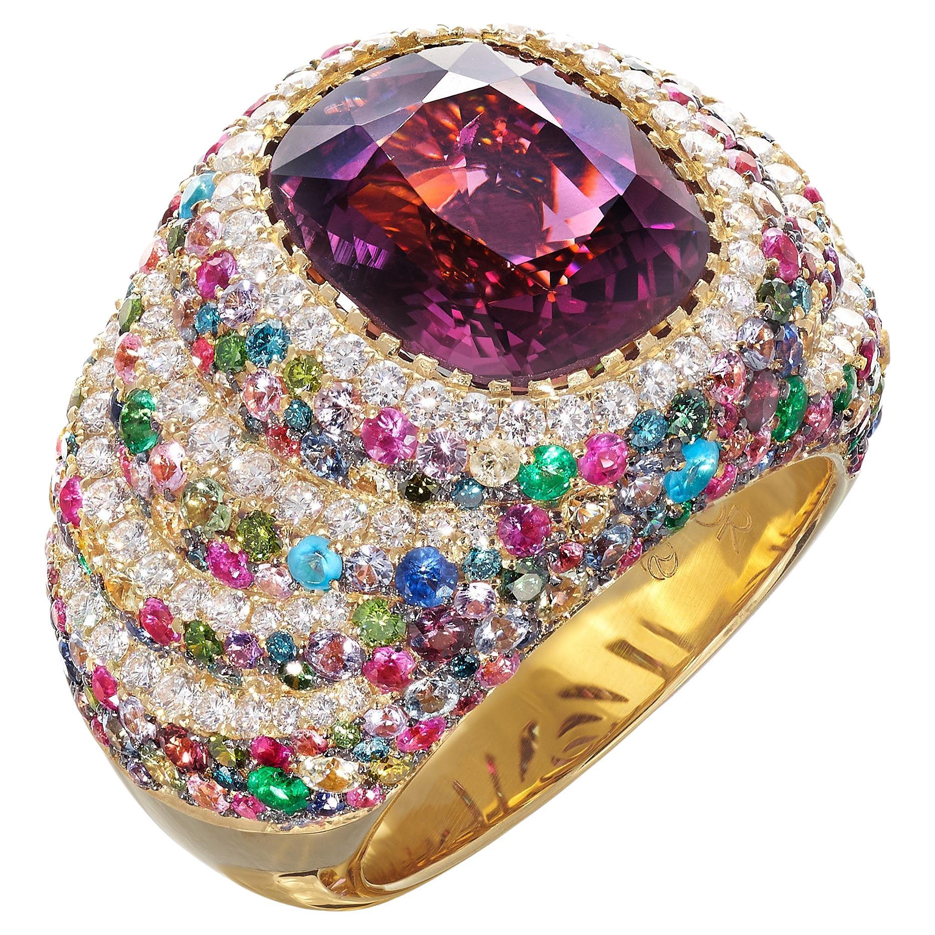 7.10 Ct Certified Spinel, Diamond, Emerald, Sapphire and Ruby Cocktail Ring
