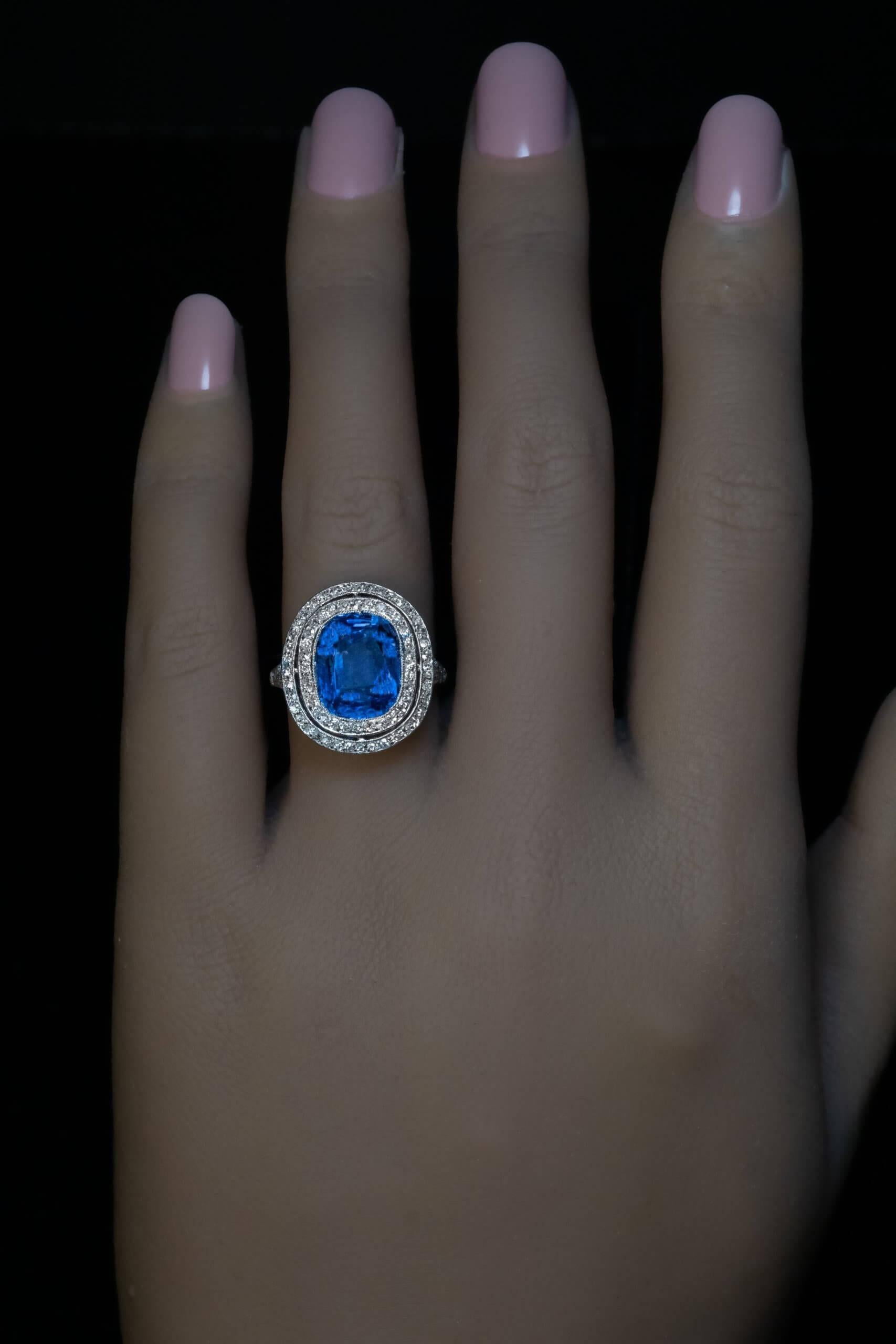 Cushion Cut 7.10 Ct Ceylon Sapphire Diamond Platinum Antique Ring For Sale