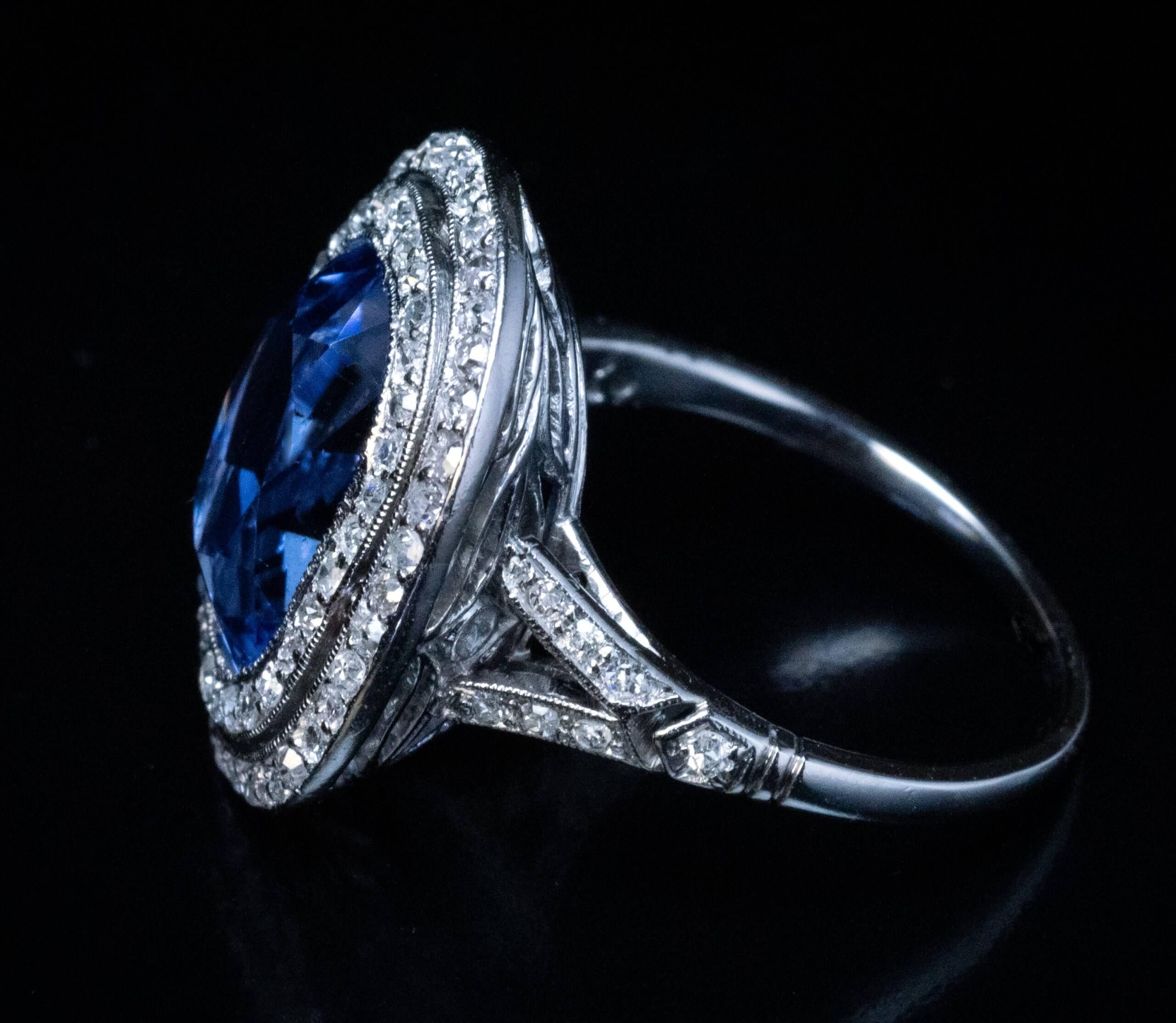 Women's 7.10 Ct Ceylon Sapphire Diamond Platinum Antique Ring For Sale