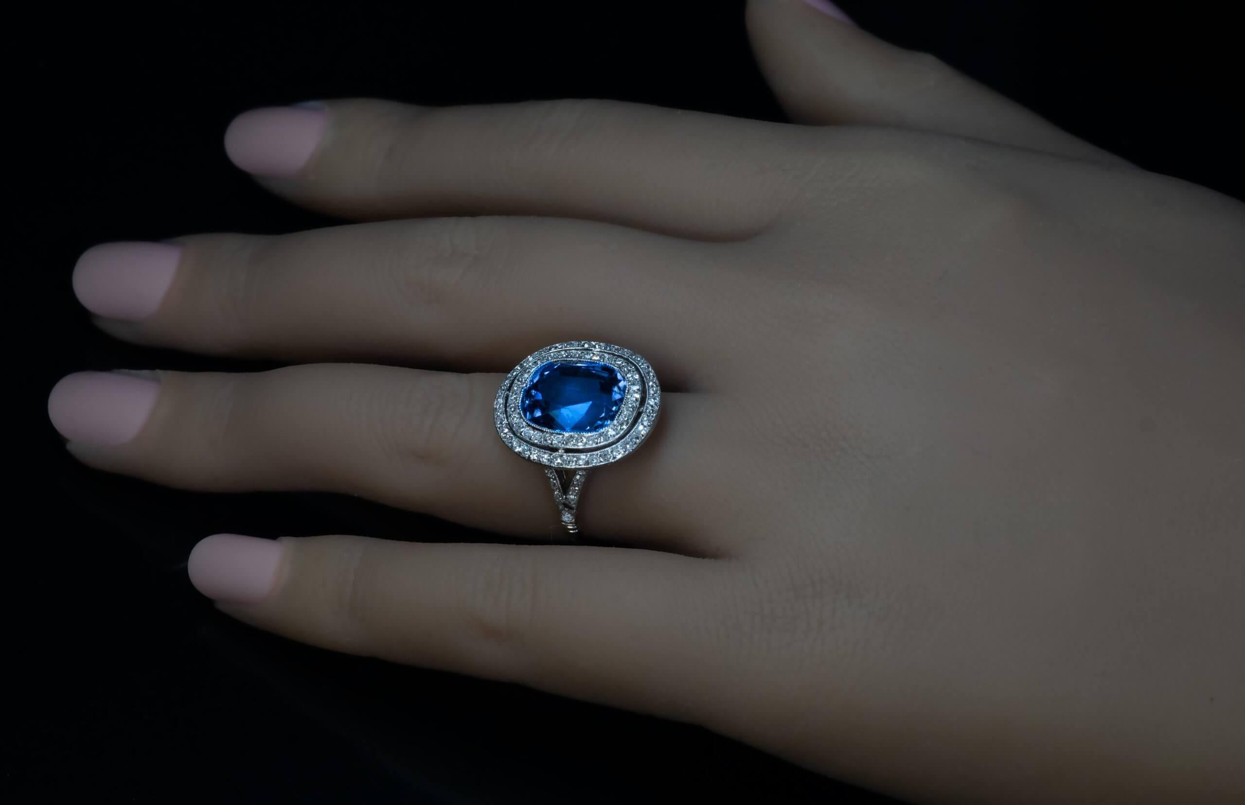 7.10 Ct Ceylon Sapphire Diamond Platinum Antique Ring For Sale 1