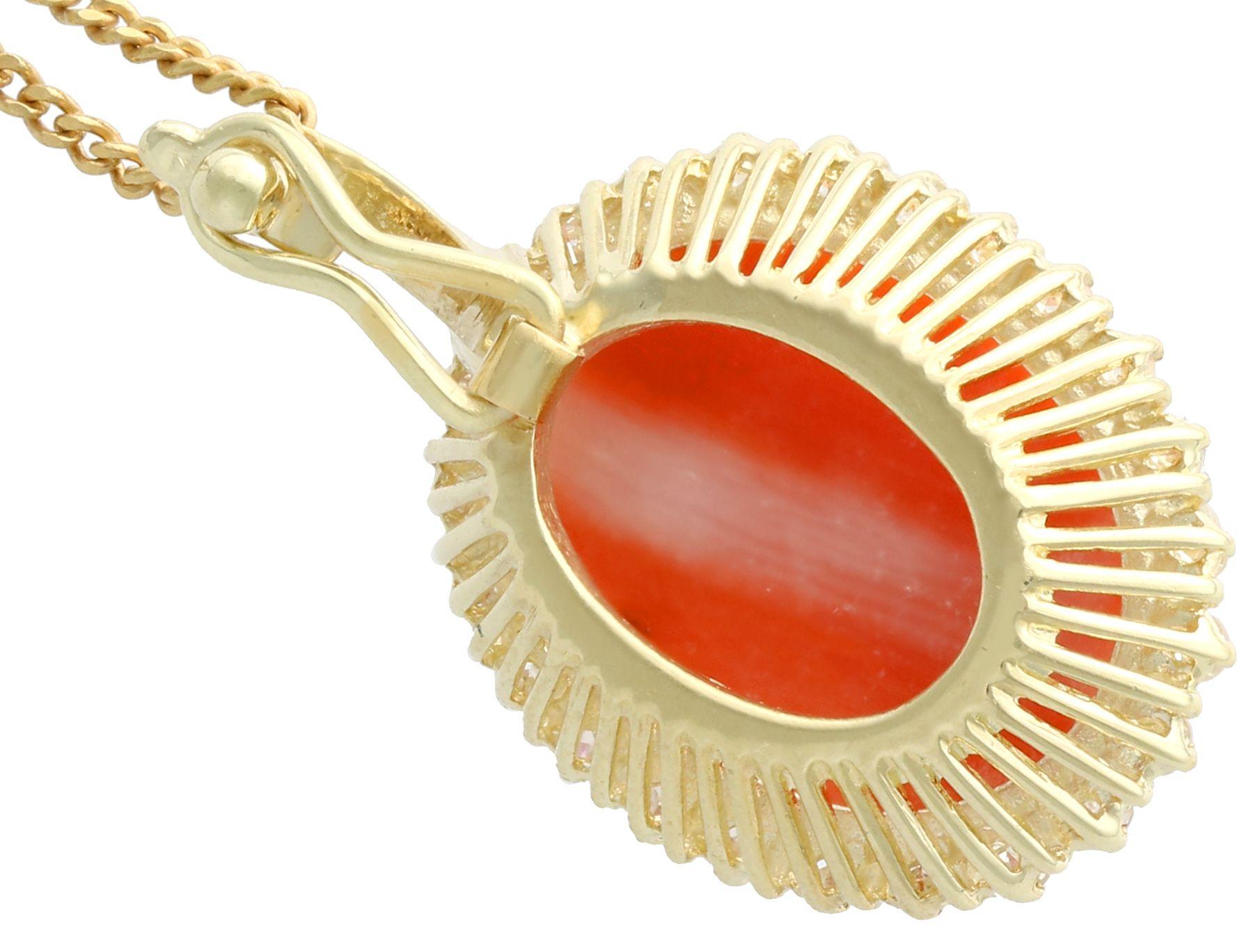 Women's Vintage 7.10 Carat Coral and 0.48 Carat Diamond Yellow Gold Pendant, circa 1970