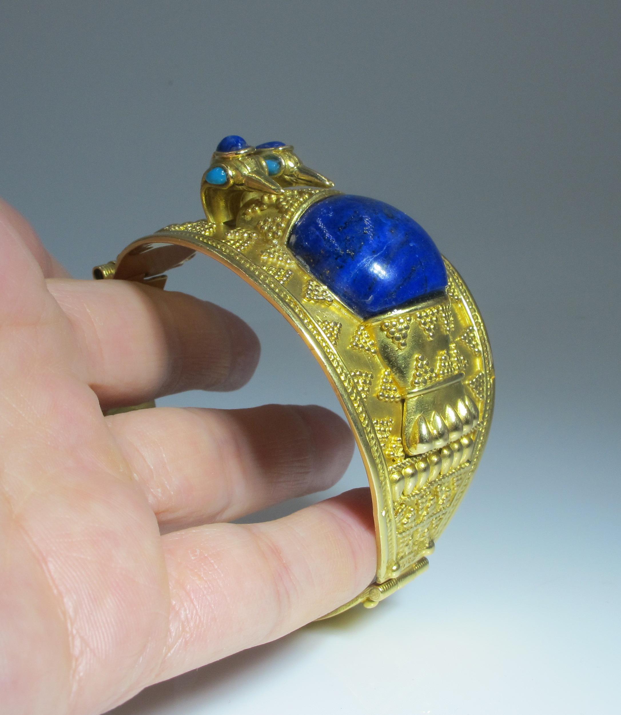 Egyptian Revival 71.08GR Gold Hand Carved Beetle Design with Lapis and Turquoise Very Rare For Sale