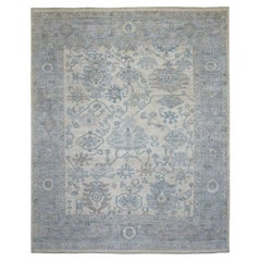 7'10"x10' Afghan Angora Oushak Ivory-Blue Organic Wool Hand Knotted Rug