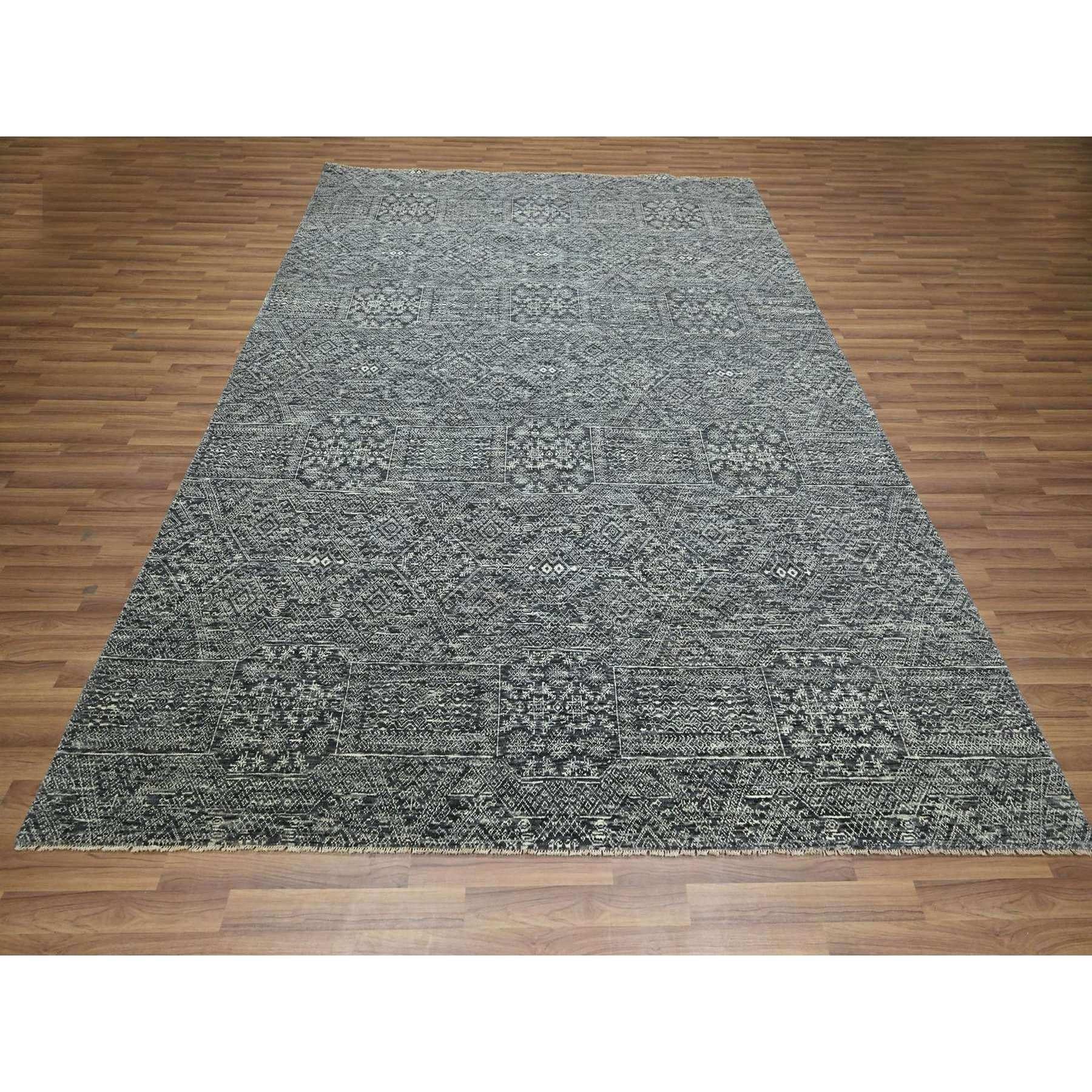 Anchor Gray, Intricate Repetitive Geometric Design, Tone on Tone, Wool and Silk, Hand Knotted, Oriental Rug
Primary materials: Wool & Silk
Latex: No Pile 
height: 0.25 Inches
Style: Transitional
Primary color: Grey
Secondary colors: Charcoal Black,