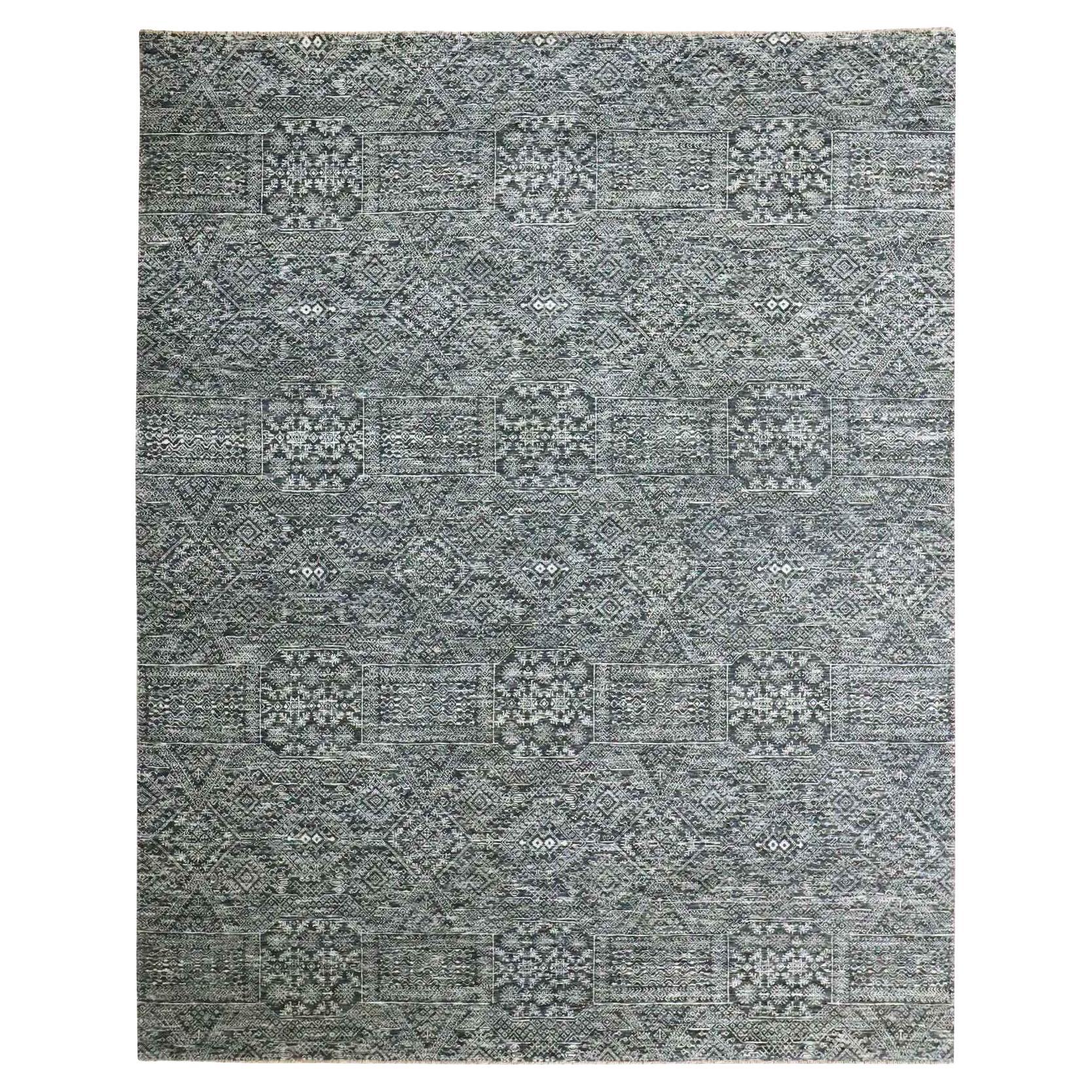 7'10"x10' Anchor Gray Repetitive Geometric Design Wool and Silk Hand Knotted Rug For Sale