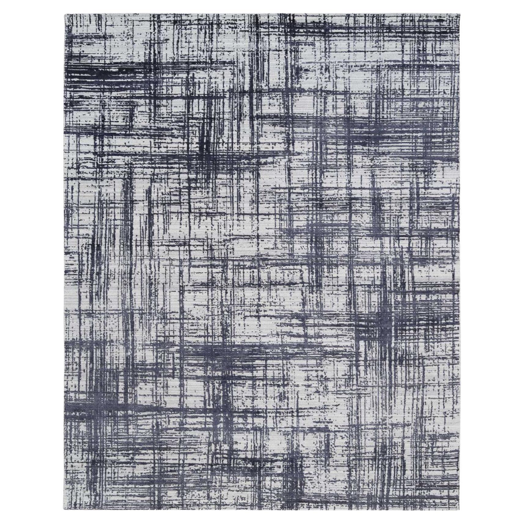 7
10 "x10
Nero, Tappeto lavorato a mano, Design moderno a linee cancellate, Lana e seta, Tappeto