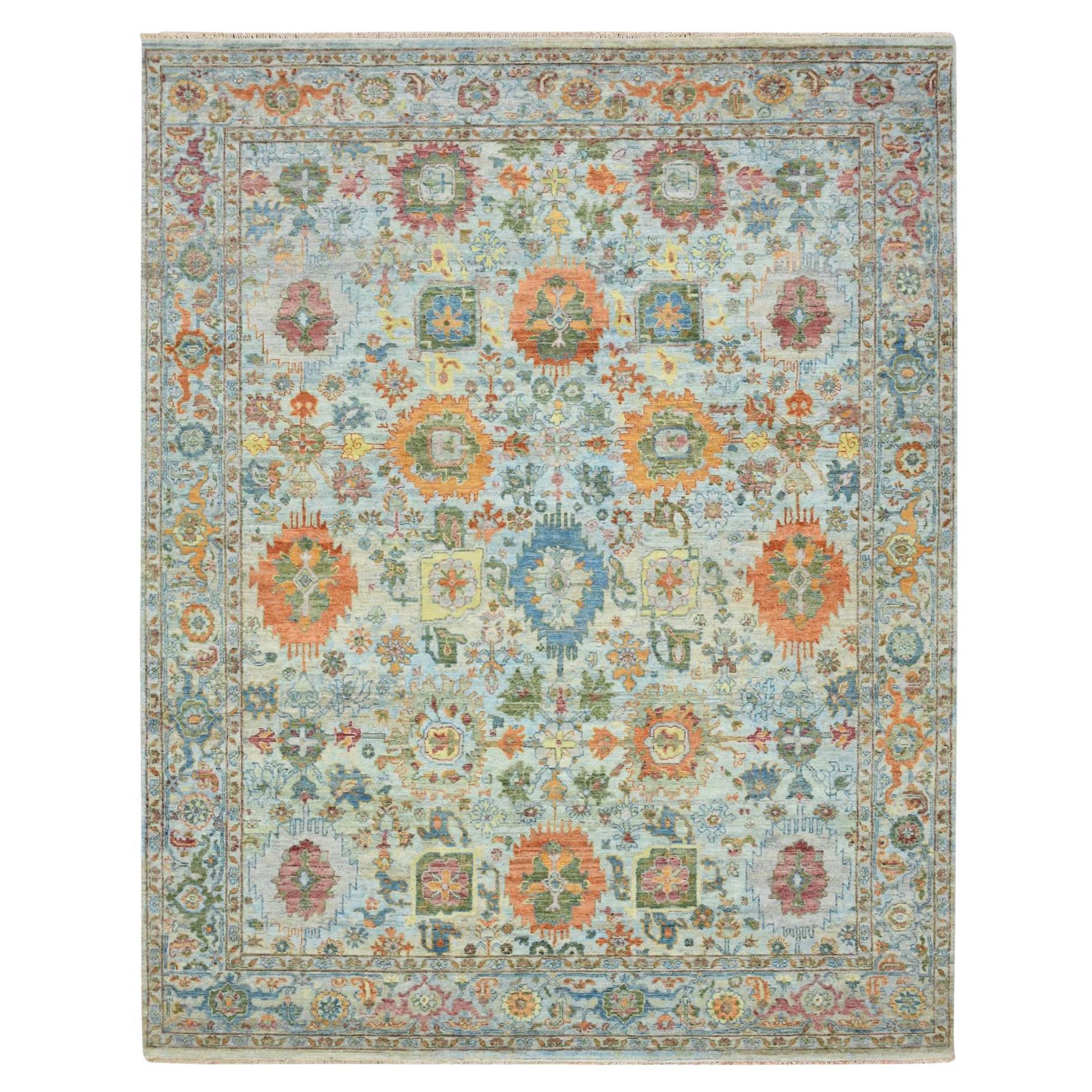 7
10"x10
 Blue Sultanabad Reimagined with Orange Leafs Hand Knotted Wool Rug For Sale