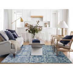 7'10"x10' Blue Wool and Pure Silk Hand Knotted Jewellery Design Oriental Rug