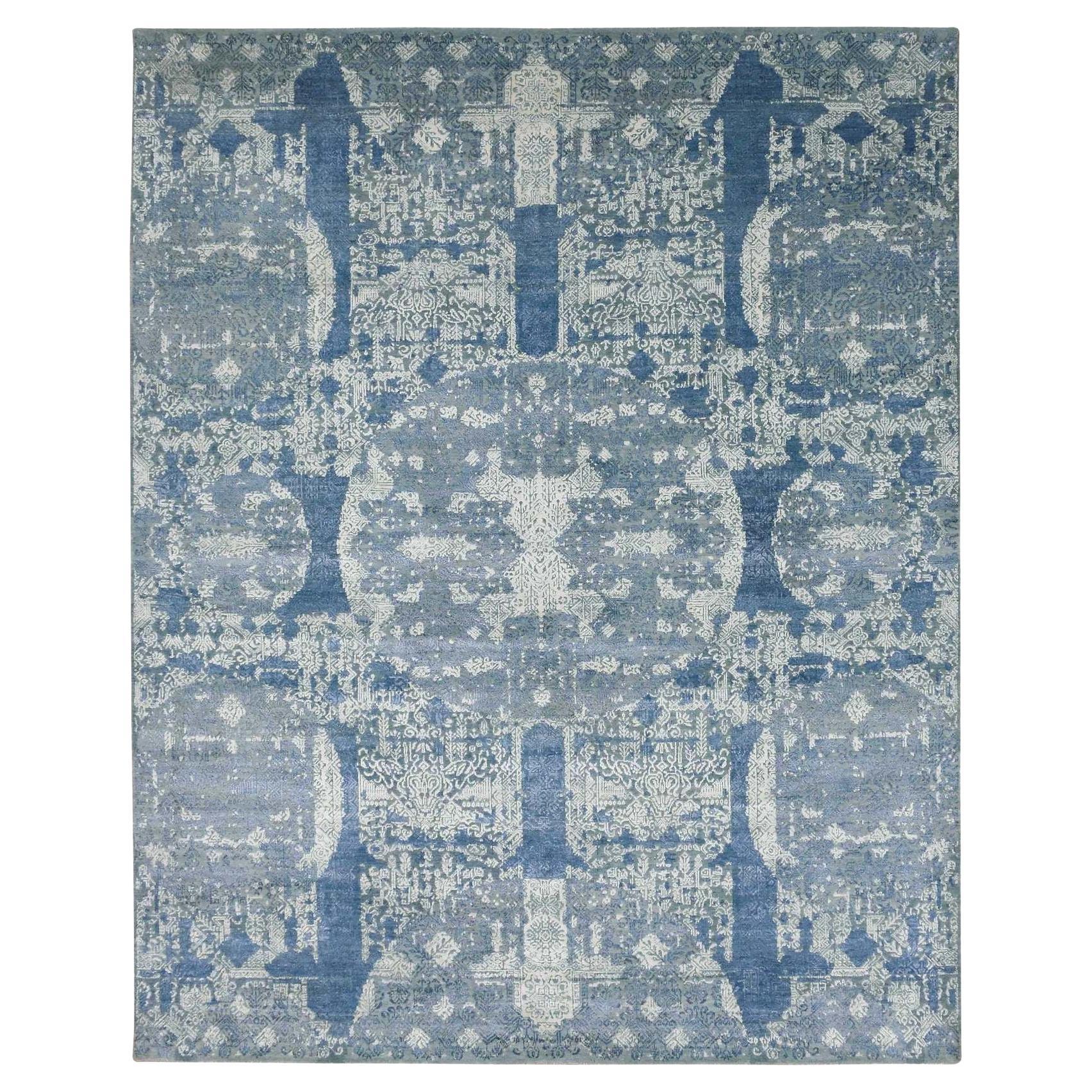 7'10"x10' Blue Wool and Pure Silk Hand Knotted Jewellery Design Oriental Rug