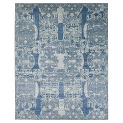 7'10"x10' Blue Wool and Pure Silk Hand Knotted Jewellery Design Oriental Rug