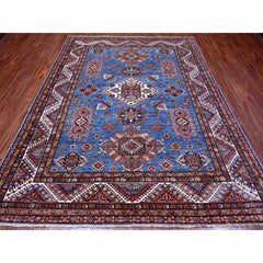 7'10"x10' Busty Blue Hand Knotted Wool Super Kazak Large Medallions Oriental Rug