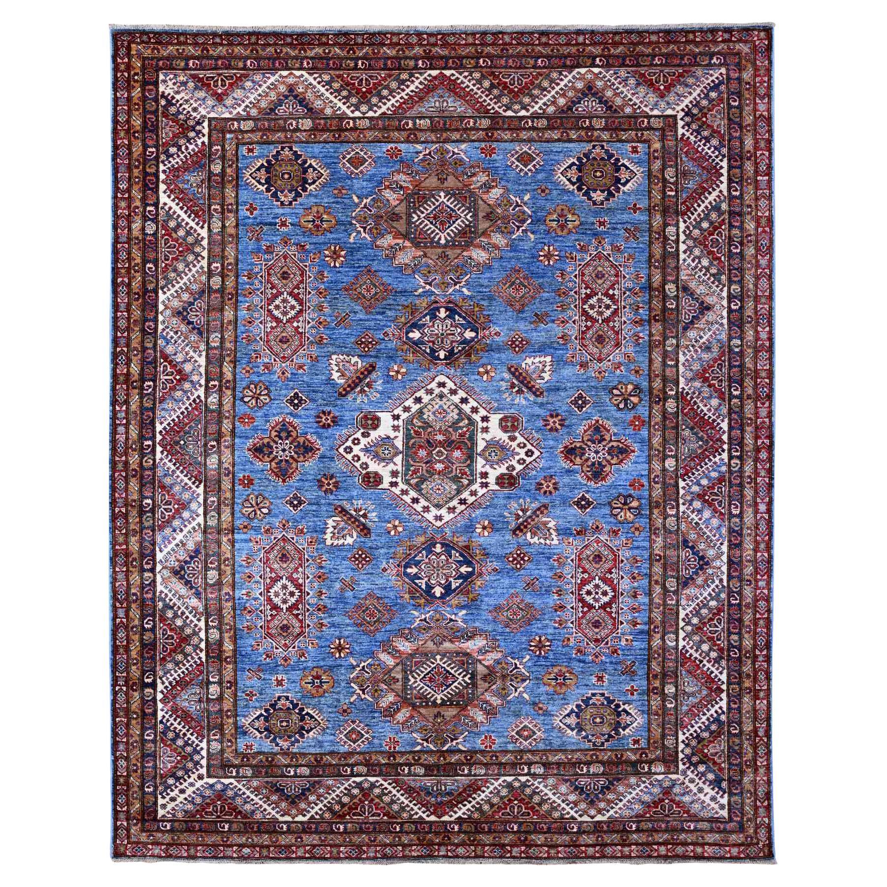 7'10"x10' Busty Blue Hand Knotted Wool Super Kazak Large Medallions Oriental Rug