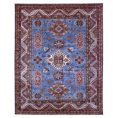 7'10 "x10' Azul Pechugona Alfombra Oriental de Lana Anudada a Mano Super Kazak Medallones Grandes